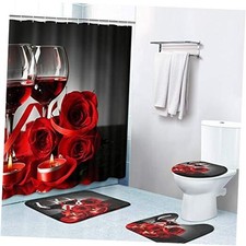 4 Piece Shower Curtain Sets, with 12 Hooks with Non-Slip Rugs, Red Wine Rose