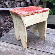 Old Vintage Primitive Red & Cream Distressed Painted Wood Stool Plant Stand AF