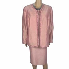 Kasper Polyester Rayon Nylon Skirt Suit Top 14W Salmon Open Front Lined 3PC