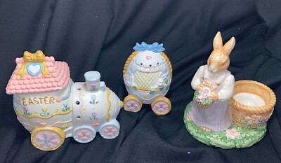 2 Beautiful Easter Ceramic Tea Light Holders and one ceramic candle holder