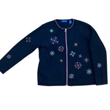 Karen Scott 100 Wool Snowflake Embroidered Full Zip Long Sleeve Sweater Sz M Gr