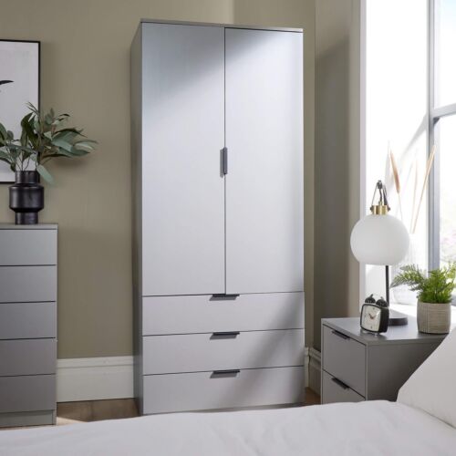 Wardrobe 2 Door 3 Drawers Grey Bedroom Home Furniture Clothing Storage Shelf - Picture 3 of 10