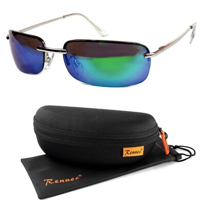Herren Sonnenbrille Schmal Rechteckig Metall Verspiegelt Grün Blau Rennec M5 BOX