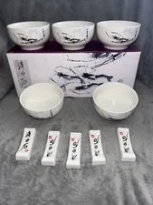 RARE SET OF 5 OI BAISHI CHINESE RICE BOWLS WITH CHOPSTICK HOLDERS (CATHAY BANK)