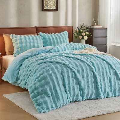 Luxury Blue Fluffy Duvet Cover Set Queen, Soft Faux Rabbit Fur Bedding 3PC