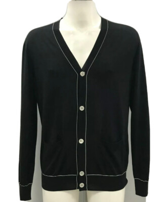 Kragenlose schwarze Strickjacke Prada V-Ausschnitt Knopfleiste Größe 42 Preloved