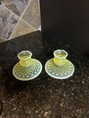 Old Fenton Topaz uranium Hobnail Opalescent vaseline Glass Candle Holders-2 glow