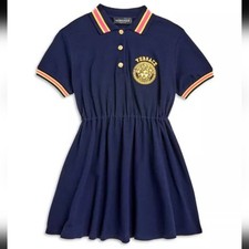 NWT$410 Versace Girls' Medusa Logo Piqué Navy Polo 100% Cotton Dress - Kid Sz 12