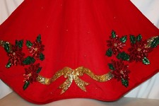 Lined Red Velvet Christmas Tree Skirt w/ Sequined Poinsettias  Ribbon 46"