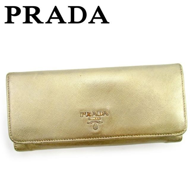 Prada Gold Leather Zipper Long Wallet with Storage Compartment