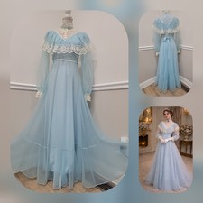 Vintage 70s Blue Chiffon Prairie Maxi Dress Lace Romantic Boho Cottagecore