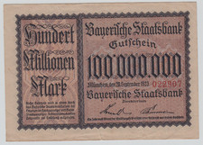 Geldschein Gutschein Bayrische Staatsbank 100 Millionen Mark 20. September 1923