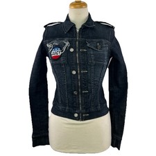 Juicy Couture Sz S *Runs Small* Zip Front Denim Jacket Patch Distressed USA Made