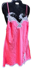 Victorias Secret Satin Chemise Size L Hot Pink Gown Slip Lace Trim Bow Coquette