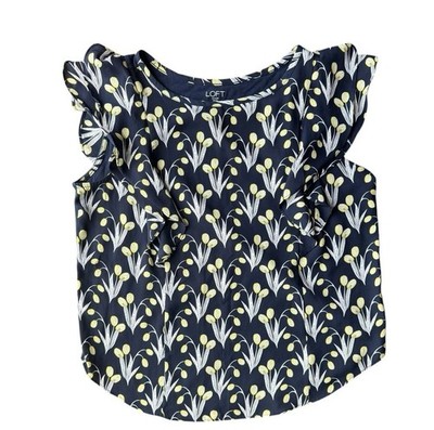 LOFT Navy Floral Flutter Sleeve Top with Yellow Accents Size MP