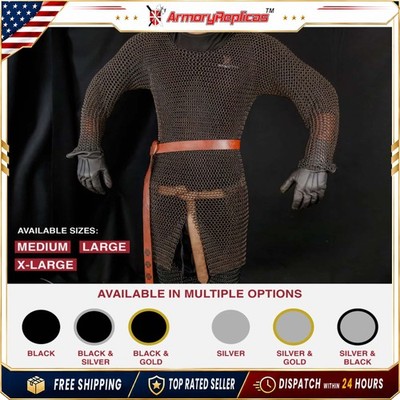 Steel Chainmail Hauberk Medieval Knight Armor Full Sleeve LARP Renaissance