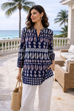 Tory Burch Navy Print Tunic Top Womens 6 Lace Hem Resort Cover Up
