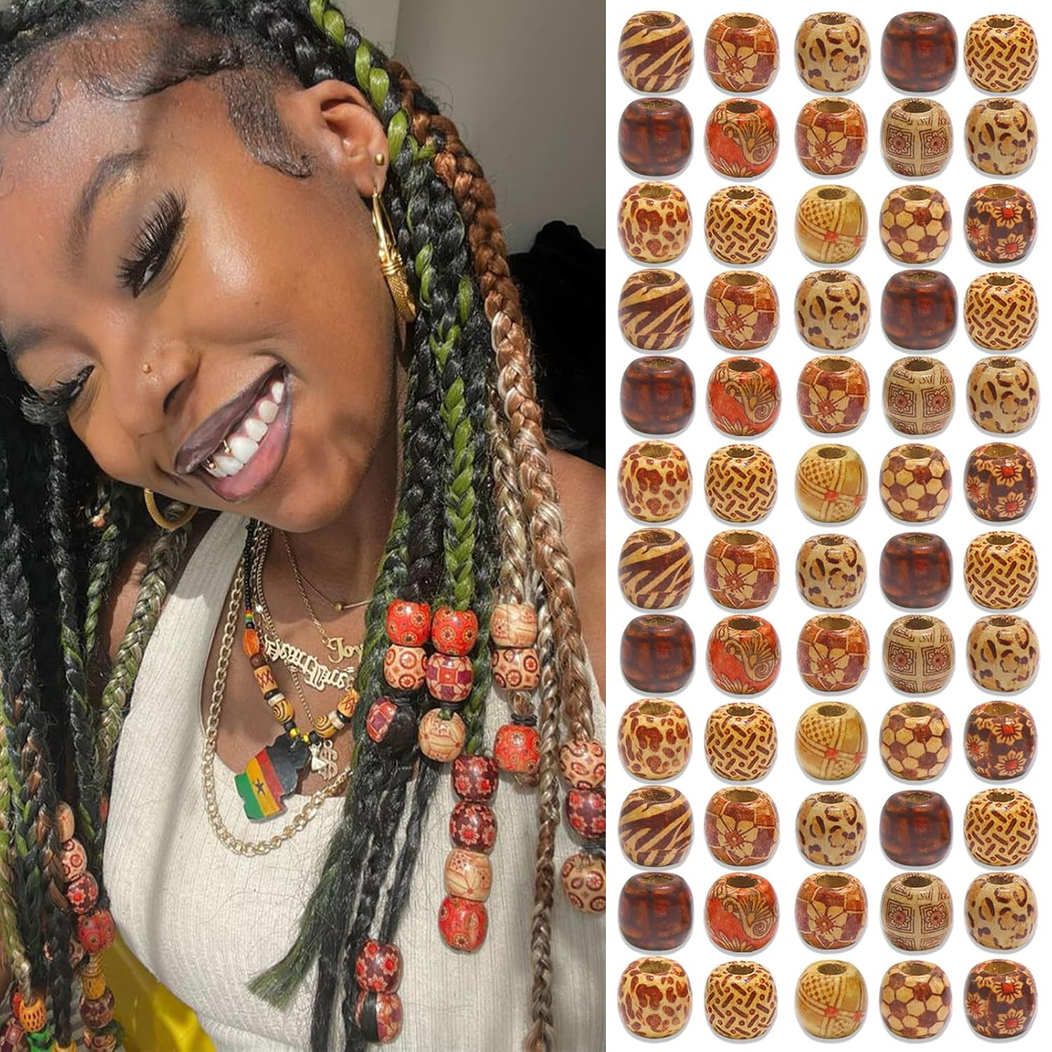 60Pcs Wooden Hair Beads for Braid 11X12Mm Colorful Painted Loose African Beads H