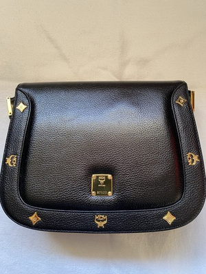 #ad MCM Women’s Black Pebbled Logo Crossbody Bag Magnetic Closure Gold Hardware $380.00