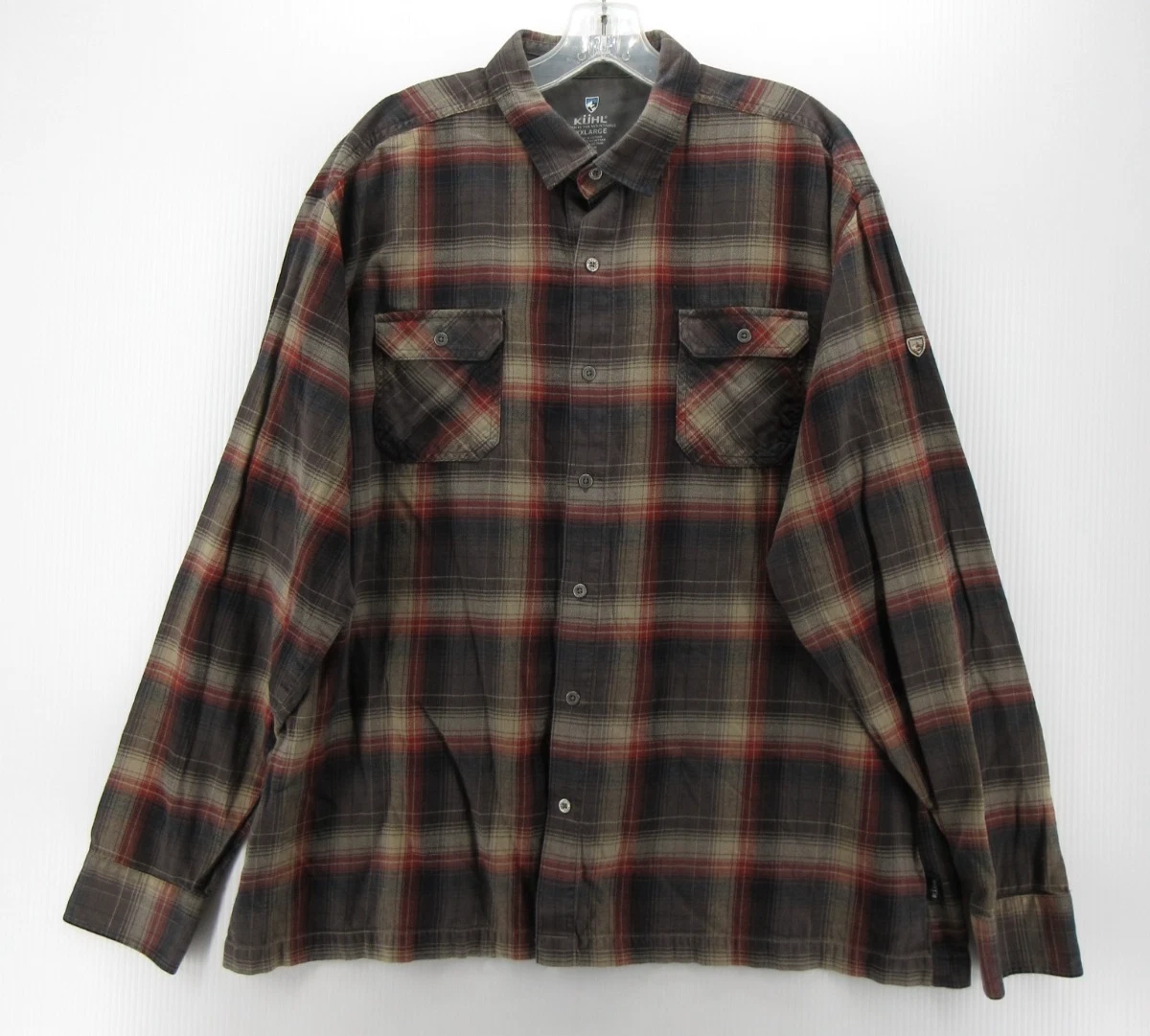 Kuhl Shirt Men XXL Brown Flannel Shadow Plaid Button Up Hiking Tencel Outdoor