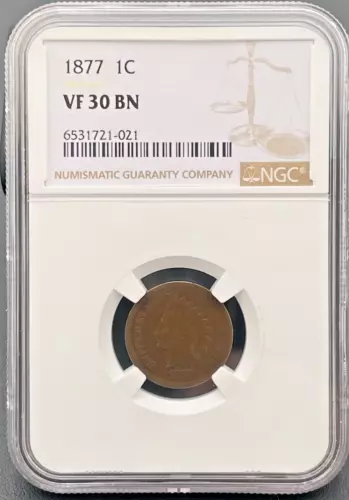 1877 Indian Head 1 Cent, Penny  NGC VF-30 Brown, Low Mintage Key Date Coin