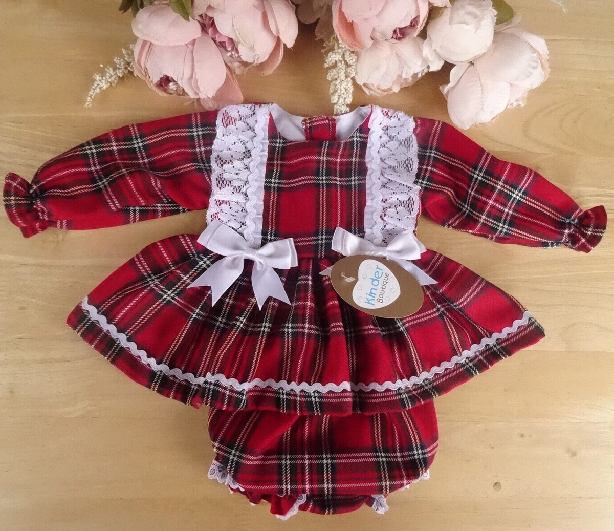 Baby Tartan Dress Girl Red Knickers Traditional Bow Lace Party Christmas  NB-3-6m