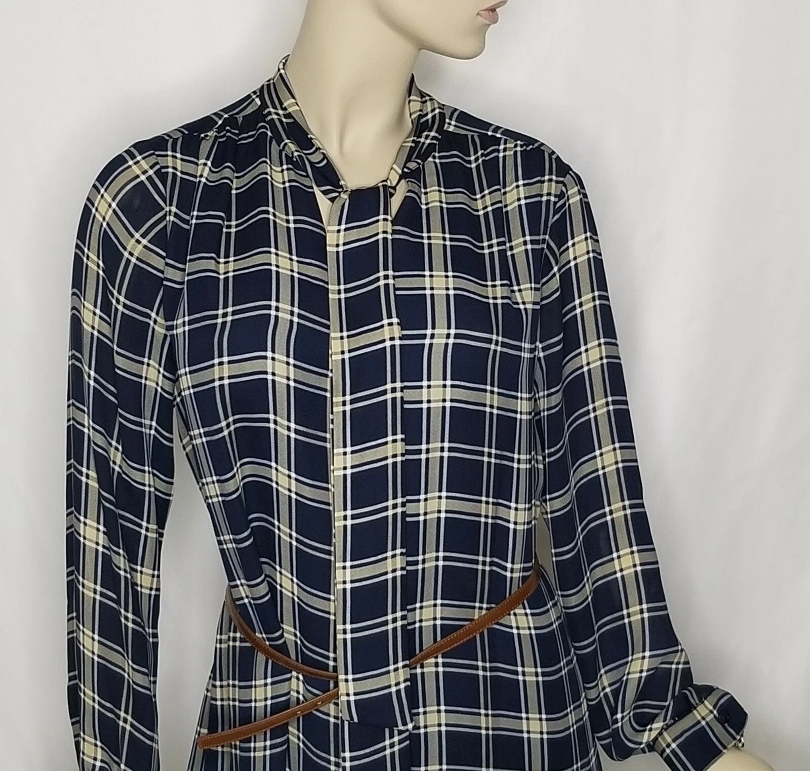 Abito Michael Kors blu navy a quadri con cintura e fiocco cravatta manica lunga taglia 12