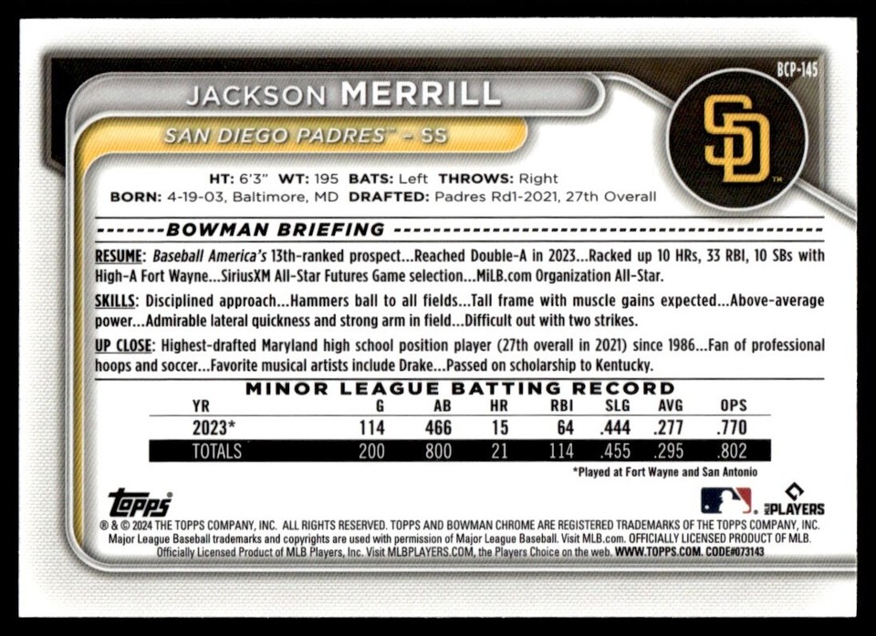 2024 Bowman Chrome Sapphire Jackson Merrill San Diego Padres BCP145