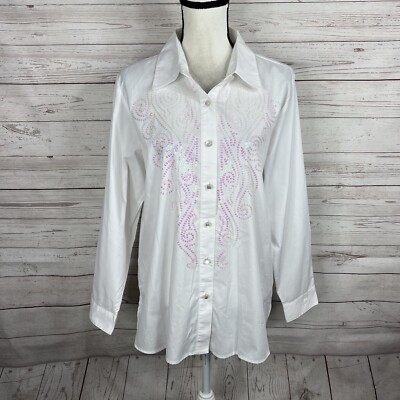 Bob Mackie Swirls And Twirls Button Up Top Blouse Size Medium White Sequins