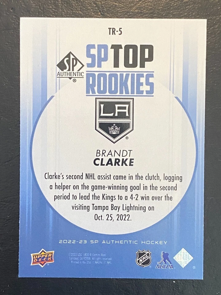 Brandt Clarke 2022-23  SP Authentic Top Rookies Blue Insert #TR-5 L.A. Kings - Image 2 of 2