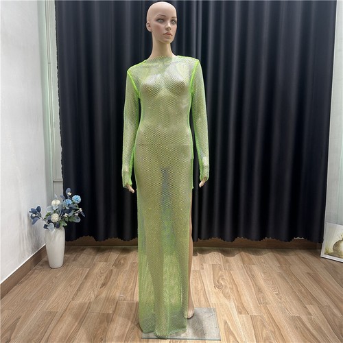 Womens See Through Rhinestone Glitter Side Slit Dress Party Long Fishnet Dress - Picture 18 of 18