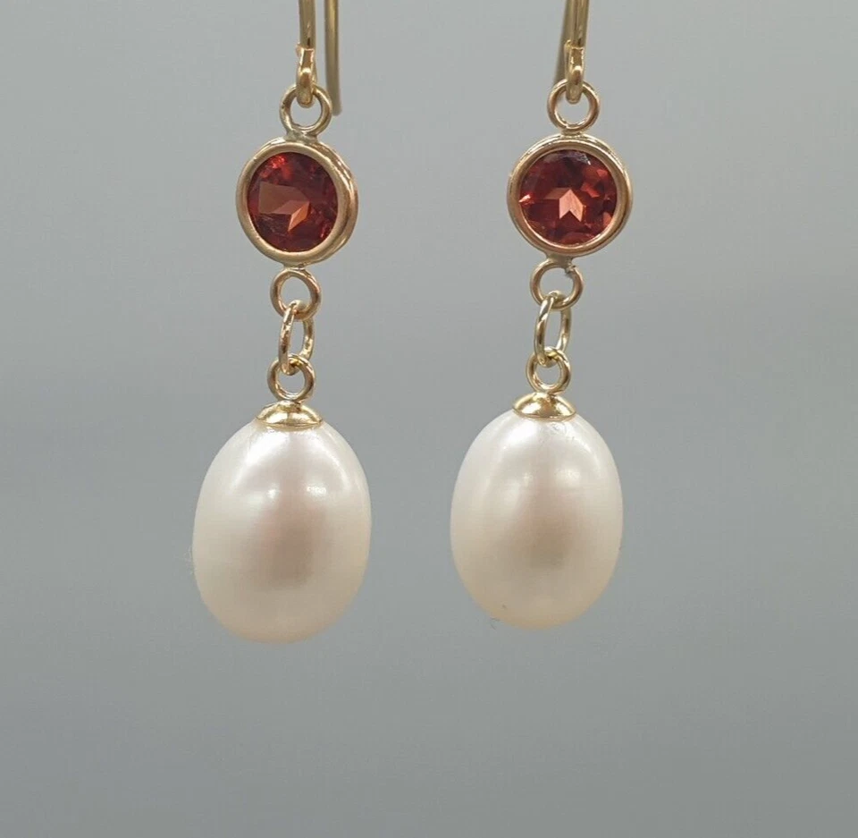 9ct Yellow Gold Gemstone and Cultured Pearl Earrings 9K Drop Dangle Leverback - Image 2 of 4