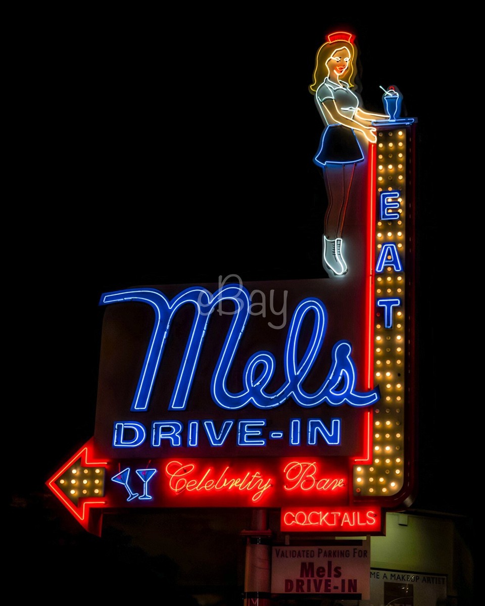 8x10 vintage neon sign for Mel's Drive-in and Celebrity Bar