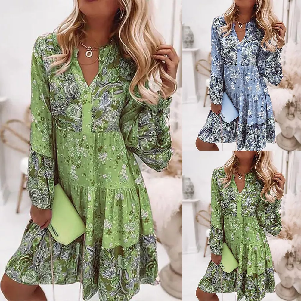 Long sleeve cheap floral boho dress