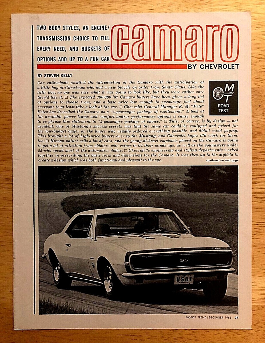 1967 CHEVROLET CAMARO SS 350 V8—VINTAGE 4-PAGE CHEVY ROAD TEST