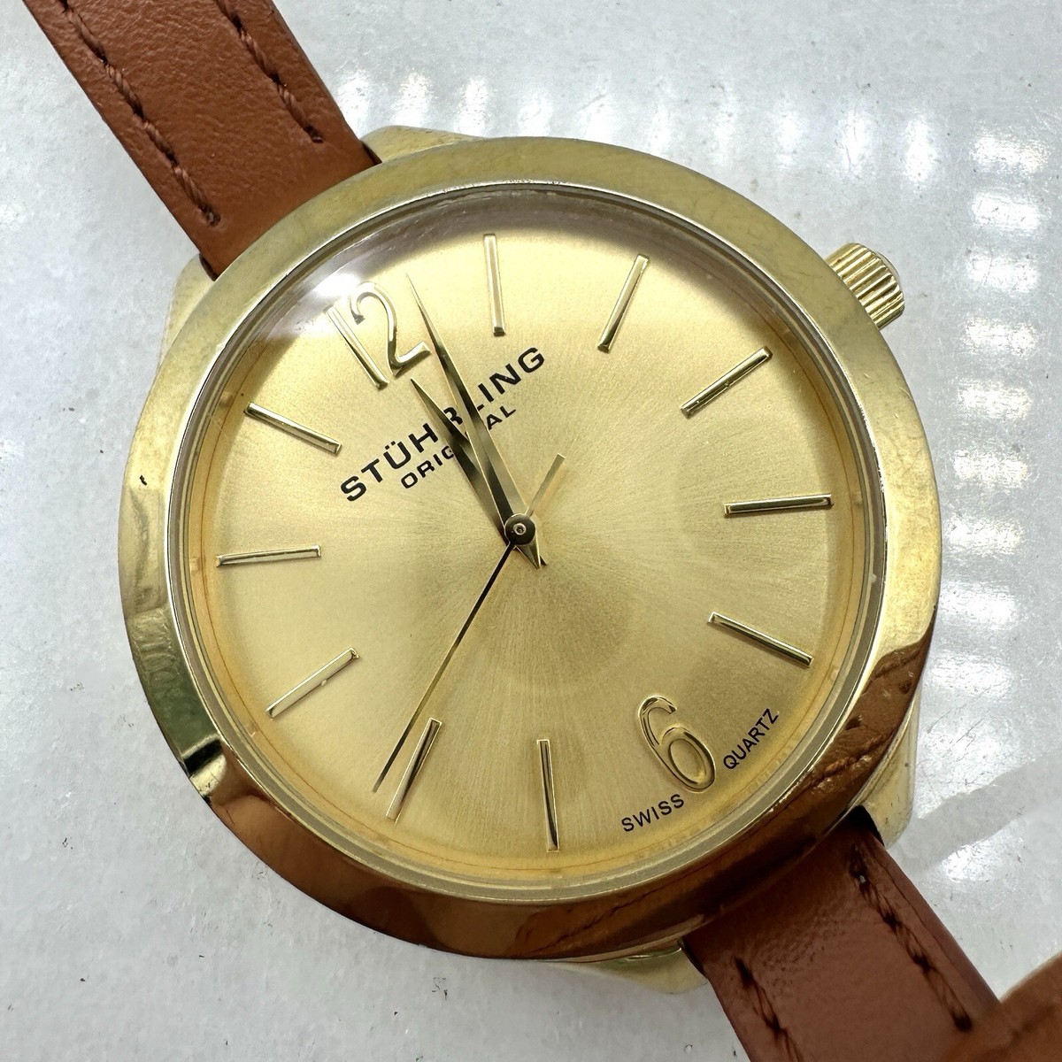 Stuhrling Original Women Gold Tone Watch Swiss Long Leather Strap