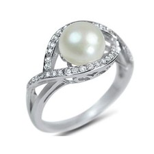 Round Freshwater Pearl Sterling Silver Ring W/ White Cz Accents 925