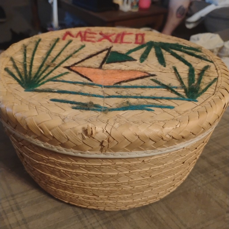 Vintage Sewing Basket Woven Straw with Contents 