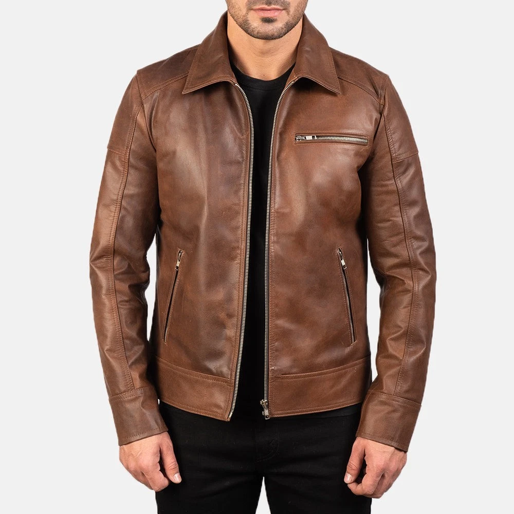 Men's Brown Genuine Leather Jacket Slim Fit Biker Moto Zip Casual Vintage Coat