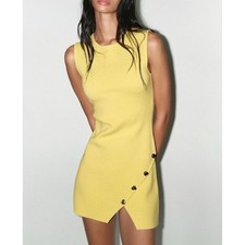 Zara Knit Mini Dress Irregular Button Sleeveless Slit Yellow Medium