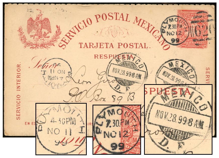 MEXICO 2¢ MULITA REPLY NV 1899 RETURN FROM ENGLAND PC94R