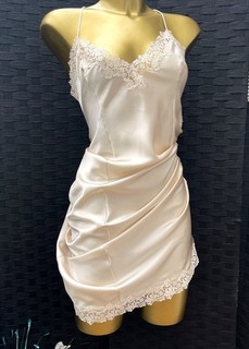 Camisón de lujo David Nieper dorado beige satinado completo slip chemise talla 16