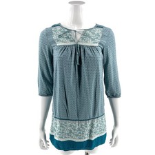 Old Navy Womens Mini Tunic Dress Size XS Blue Printed Boho Tassel Tie 3/4 Sleeve
