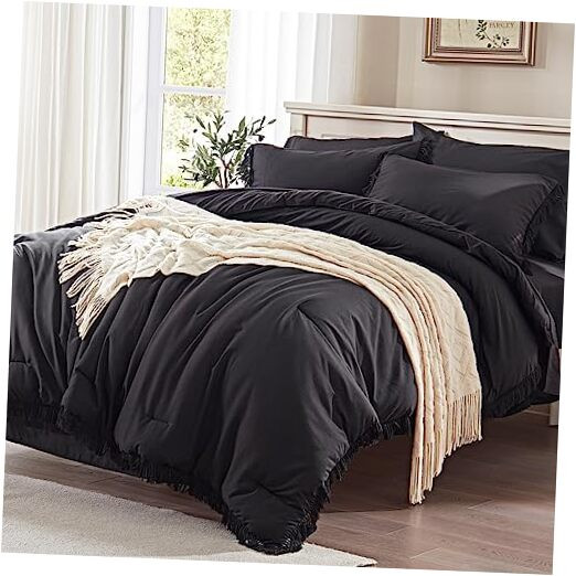 Comforter Set 7 Piece with Sheets-Boho Bed in a Bag with Tassel Queen Black-image