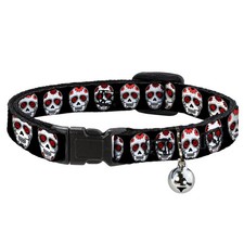Cat Collar Breakaway with Bell Sugar Skulls Black/White/Red NARROW Fits 8.5-12"