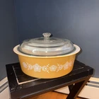 VTG PYREX 664 4QT BUTTERFLY GOLD CASSEROLE WITH LID “BIG BERTHA” MADE IN USA
