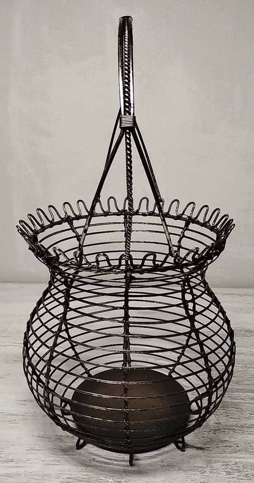 Vintage 16"t Wire Egg Basket 4 Porcelain Eggs & 10 Wood Leather Stemmed Apples - Image 4 of 4