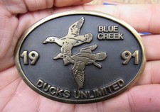 Vtg DUCKS UNLIMITED Belt Buckle 1991 Blue Creek IOWA Anacortes DU Brass RARE VG 