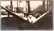 Vtg B&W Snapshot Woman In Hammock With Dogs Outdoors 1930s