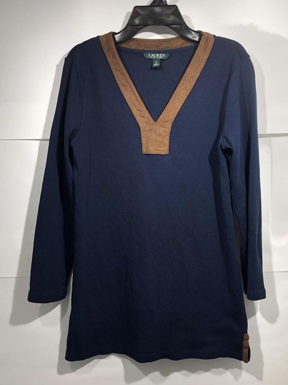 Lauren Ralph Lauren Tunic Top V Neck Faux Suede Trim Women’s Medium Blue